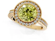 Halo Engagement Ring Setting for Fancy Yellow Round Cut Center with Milgrain Halo, Pave Band and Prong Head in Yellow Gold