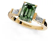3 Stone Engagement Ring Setting for Fancy Green Emerald Cut Center with Channel Baguette Accents and Prong Head in Yellow Gold