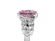 Cluster Engagement Ring Setting for Fancy Pink Radiant Cut Center with 2-Row Shoulder Clusters and Prong Head in Platinum