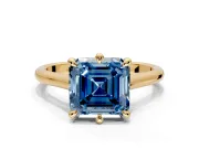 Solitaire Engagement Ring Setting for Fancy Blue Asscher Cut Center with Cathedral Band and Prong Head in Yellow Gold