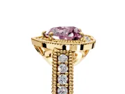 Milgrain Halo Engagement Ring Setting for Fancy Pink Heart-Shaped Center with Pave Band and Prong Head in Yellow Gold