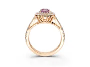 Double Halo Engagement Ring Setting for Fancy Pink Emerald Cut Center with Narrow Pave Split Shank and Prong Head in Rose Gold