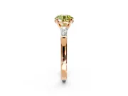 3 Stone Engagement Ring Setting for Fancy Yellow Round Cut Center with Tapered Baguettes, Plain Band and Prong Head in Rose Gold