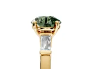 3 Stone Engagement Ring Setting for Fancy Green Round Cut Center with Channel Baguette Accents and Prong Head in Yellow Gold