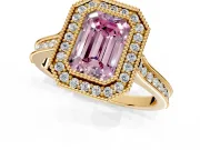 Halo Engagement Ring Setting for Fancy Pink Emerald Cut Center with Milgrain Pave Band and Bezel Head in Yellow Gold