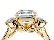 3 Stone Engagement Ring Setting for Asscher Cut Center with Crossover Basket, Pave Band and Prong Head in Yellow Gold