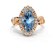Halo Engagement Ring Setting for Fancy Blue Marquise Center with Open Scroll Shoulders and Prong Head in Rose Gold