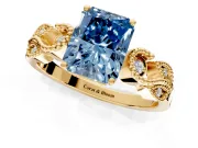 Leaf Engagement Ring Setting for Fancy Blue Radiant Cut Center with Milgrain Accent Band and Prong Head in Yellow Gold