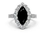 Halo Engagement Ring Setting for Fancy Black Marquise Center with Milgrain Channel Band and Prong Head in White Gold