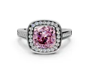 Halo Engagement Ring Setting for Fancy Pink Cushion Cut Center with Outer Bezel Rim, Pave Band and Prong Head in Platinum