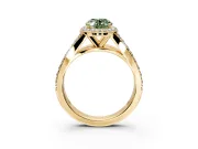 Halo Engagement Ring Setting for Fancy Green Oval Center with Narrow Pave Split Shank and Prong Head in Yellow Gold