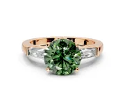 3 Stone Engagement Ring Setting for Fancy Green Round Cut Center with Tapered Baguettes, Plain Band and Prong Head in Rose Gold