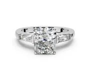3 Stone Engagement Ring Setting for Radiant Cut Center with Tapered Baguettes, Plain Band and Prong Head in Platinum