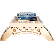 Halo Engagement Ring Setting for Fancy Blue Princess Cut Center with Heart-Shaped Openwork, Pave Band and Prong Head in Rose Gold