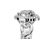 Halo Engagement Ring Setting for Heart-Shaped Center with Open Scroll Shoulders and Prong Head in White Gold