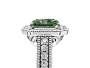 Milgrain Halo Engagement Ring Setting for Fancy Green Radiant Cut Center with Pave Band and Prong Head in White Gold