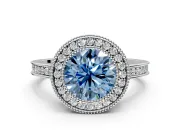 Halo Engagement Ring Setting for Fancy Blue Round Cut Center with Milgrain Halo, Pave Band and Prong Head in Sterling Silver