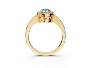 Accent Halo Engagement Ring Setting for Fancy Blue Pear-Shaped Center with Full-Length Pave Band and Prong Head in Yellow Gold