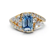 Halo Engagement Ring Setting for Fancy Blue Emerald Cut Center with Marquise and Pave Bypass Band and Prong Head in Yellow Gold