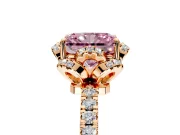 Halo Engagement Ring Setting for Fancy Pink Radiant Cut Center with Openwork Halo, Pave Band and Prong Head in Rose Gold