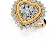 Halo Engagement Ring Setting for Heart-Shaped Center with Milgrain Bezel Rim, Plain Band and Prong Head in Yellow Gold
