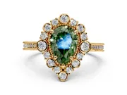 Milgrain Halo Engagement Ring Setting for Fancy Green Pear-Shaped Center with Bezel Point Accents and Prong Head in Yellow Gold