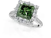 Halo Engagement Ring Setting for Fancy Green Princess Cut Center with Single-Row Pave, Open Basket and Prong Head in Platinum
