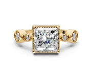 Vintage Station Engagement Ring Setting for Princess Cut Center with Accents and Prong Head in Yellow Gold