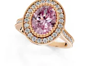 Halo Engagement Ring Setting for Fancy Pink Oval Center with Milgrain Frame, Pave Band and Prong Head in Rose Gold