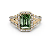 Halo Engagement Ring Setting for Fancy Green Emerald Cut Center with Narrow Pave Split Shank and Prong Head in Yellow Gold