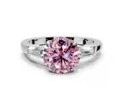 3 Stone Engagement Ring Setting for Fancy Pink Round Cut Center with Baguette Accents and Prong Head in Sterling Silver