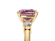 3 Stone Engagement Ring Setting for Fancy Pink Asscher Cut Center with Wide Plain Band and Prong Head in Yellow Gold