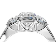 3 Stone Engagement Ring Setting for Radiant Cut Center with Raised Basket Heads and Prong Head in Platinum