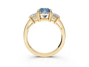 3 Stone Engagement Ring Setting for Fancy Blue Cushion Cut Center with Matching Side Accents and Prong Head in Yellow Gold