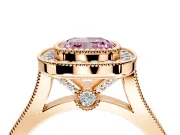 Halo Engagement Ring Setting for Fancy Pink Cushion Cut Center with Milgrain Frame, Pave Band and Prong Head in Rose Gold