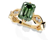 Solitaire Engagement Ring Setting for Fancy Green Emerald Cut Center with Accented Twist Band and Leaf Prong Head in Yellow Gold