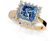 Starburst Halo Engagement Ring Setting for Fancy Blue Princess Cut Center with Flat Cathedral Band and Prong Head in Yellow Gold