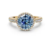 Halo Engagement Ring Setting for Fancy Blue Round Cut Center with Full Pave Band and Prong Head in Yellow Gold