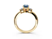 3 Stone Engagement Ring Setting for Fancy Blue Emerald Cut Center with Wide Plain Band and Prong Head in Yellow Gold