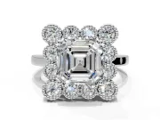Cluster Halo Engagement Ring Setting for Asscher Cut Center with Milgrain Bezel Accents and Prong Head in Platinum