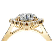 Sunburst Halo Engagement Ring Setting for Round Cut Center with Pave Band and Prong Head in Yellow Gold
