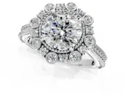 Milgrain Halo Engagement Ring Setting for Round Cut Center with Bezel Point Accents and Prong Head in Platinum