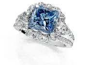 Halo Engagement Ring Setting for Fancy Blue Princess Cut Center with Two-Strand Split Shank and Prong Head in Platinum