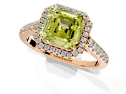 Halo Engagement Ring Setting for Fancy Yellow Asscher Cut Center with Narrowing Pave Band and Prong Head in Rose Gold