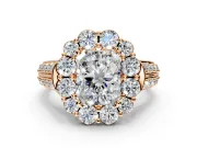 Large Accent Halo Engagement Ring Setting for Radiant Cut Center with Pave Split Shank and Prong Head in Rose Gold