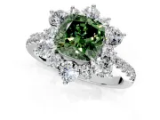 Floral Halo Engagement Ring Setting for Fancy Green Cushion Cut Center with Pave Accents and Prong Head in Platinum