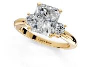 3 Stone Engagement Ring Setting for Radiant Cut Center with Wide Plain Band and Prong Head in Yellow Gold