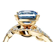 Solitaire Engagement Ring Setting for Fancy Blue Asscher Cut Center with Pave Bypass Twist Band and Prong Head in Yellow Gold