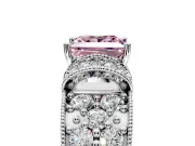 Pave Engagement Ring Setting for Fancy Pink Princess Cut Center with Curved Accent Rows, Openwork and Prong Head in White Gold