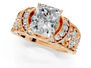 Pave Engagement Ring Setting for Radiant Cut Center with Curved Accent Rows, Openwork and Prong Head in Rose Gold
